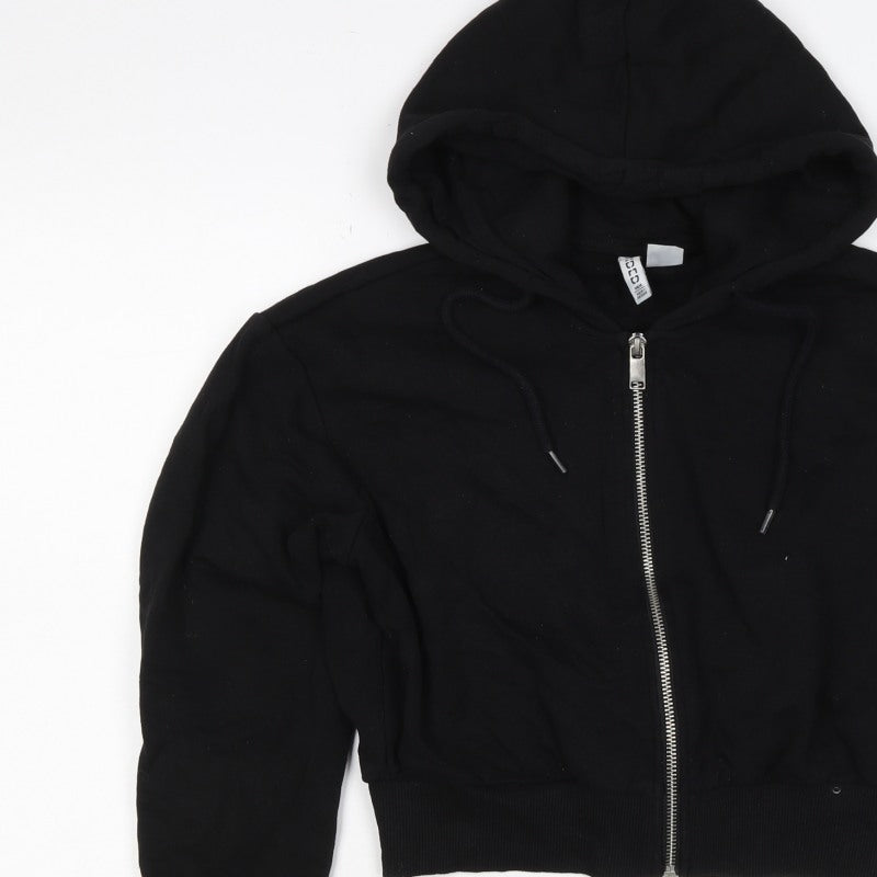 H&M Women Black 2XS Full Zip Hooded Cotton Blend Hoodie