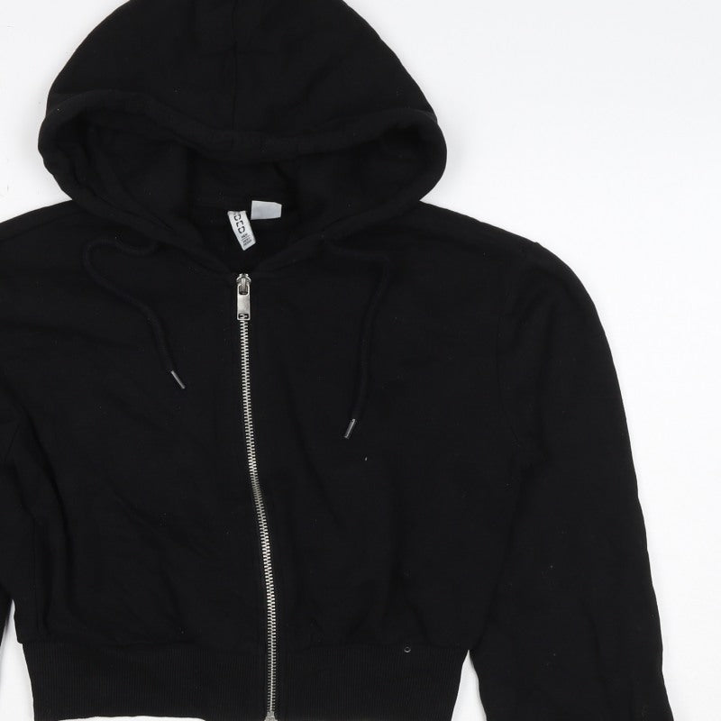 H&M Women Black 2XS Full Zip Hooded Cotton Blend Hoodie