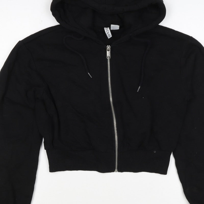H&M Women Black 2XS Full Zip Hooded Cotton Blend Hoodie