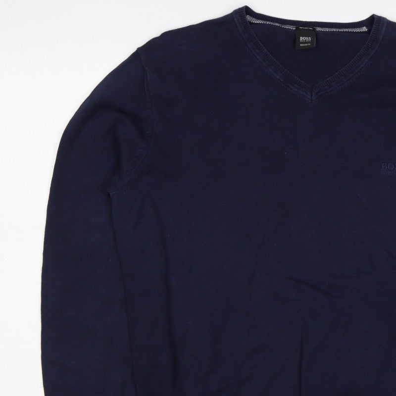 BOSS Hugo Boss Men’s Blue XL V-Neck Cotton Logo Pullover Jumper
