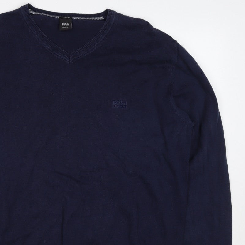 BOSS Hugo Boss Men’s Blue XL V-Neck Cotton Logo Pullover Jumper