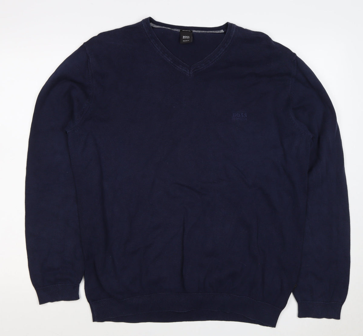BOSS Hugo Boss Men’s Blue XL V-Neck Cotton Logo Pullover Jumper