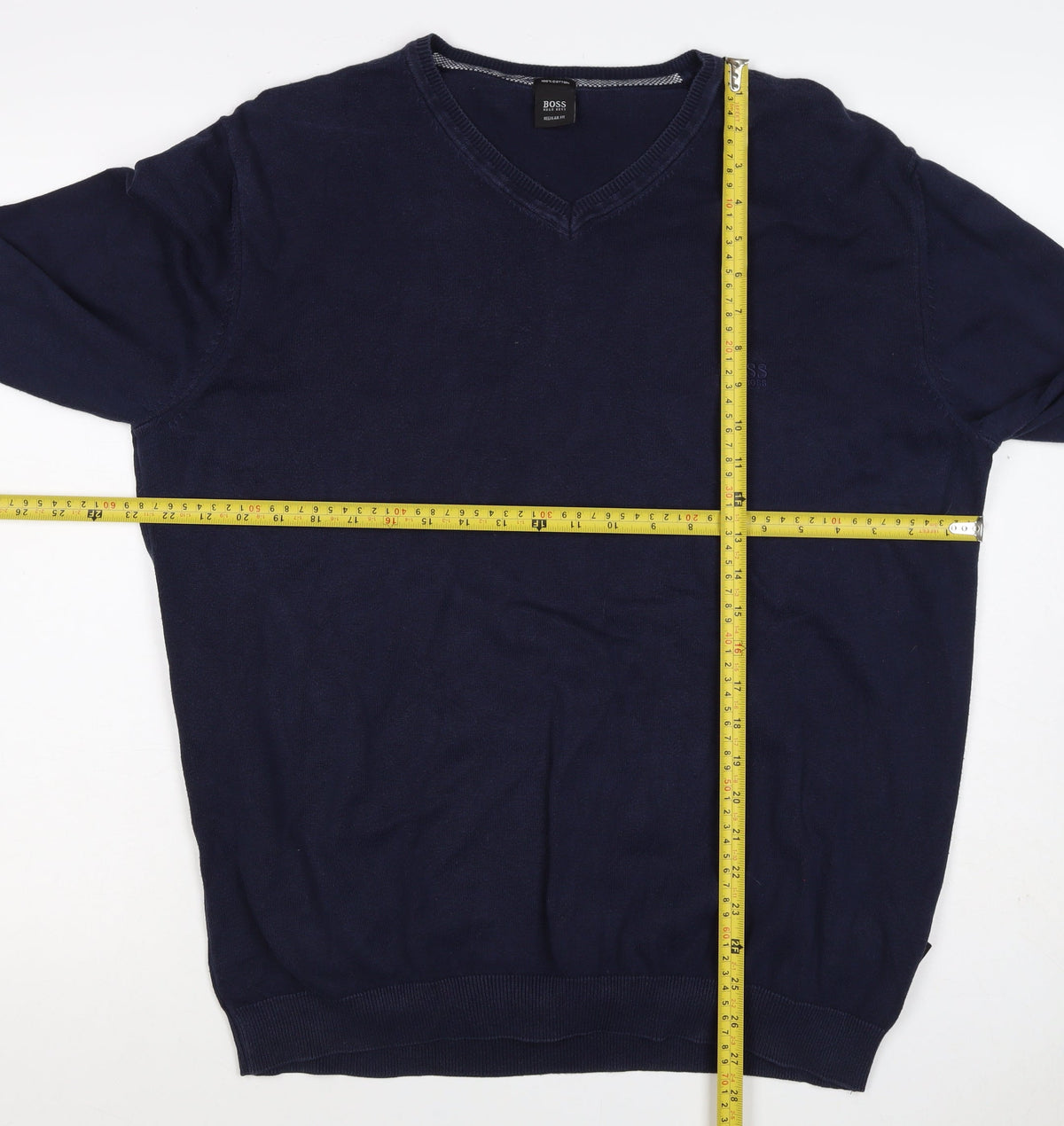 BOSS Hugo Boss Men’s Blue XL V-Neck Cotton Logo Pullover Jumper