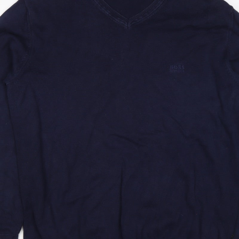 BOSS Hugo Boss Men’s Blue XL V-Neck Cotton Logo Pullover Jumper