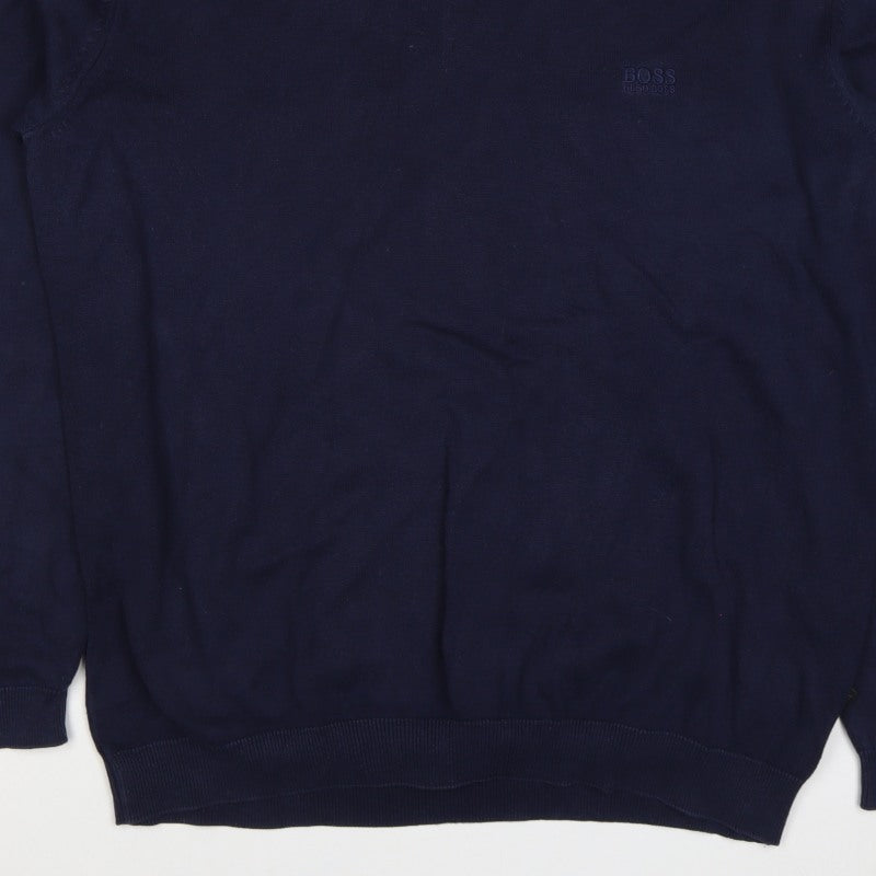 BOSS Hugo Boss Men’s Blue XL V-Neck Cotton Logo Pullover Jumper