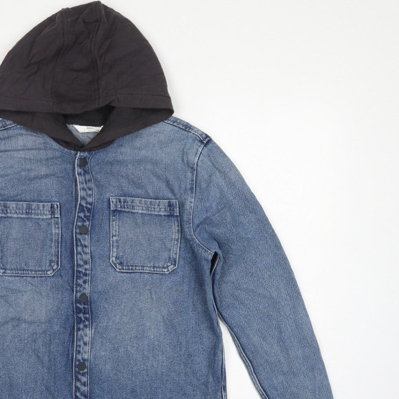 Marks & Spencer Boys Blue 13-14 Years Hooded Denim Shirt Jacket
