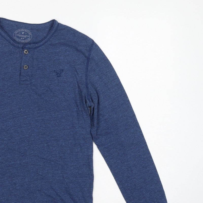 American Eagle Men Blue Small Athletic Fit Long Sleeve Henley T-Shirt