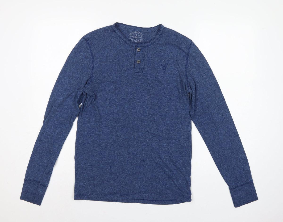American Eagle Men Blue Small Athletic Fit Long Sleeve Henley T-Shirt