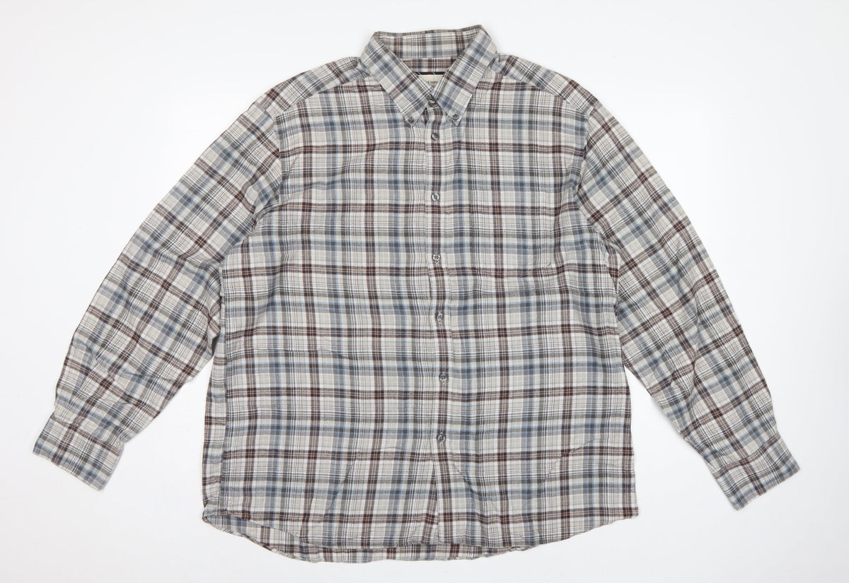 Blue Harbour Men’s Grey Plaid Cotton Button-Down Shirt XL Long Sleeve