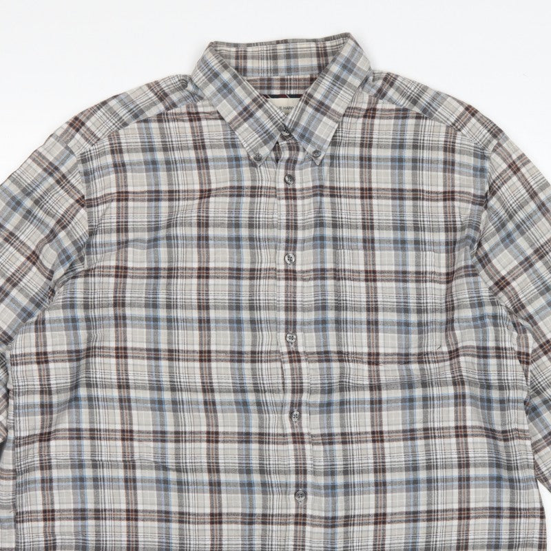 Blue Harbour Men’s Grey Plaid Cotton Button-Down Shirt XL Long Sleeve