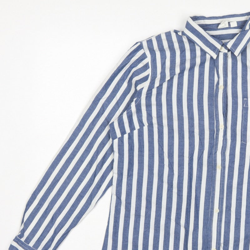 GAP Women Blue White Striped M Classic Cotton Button-Up Shirt