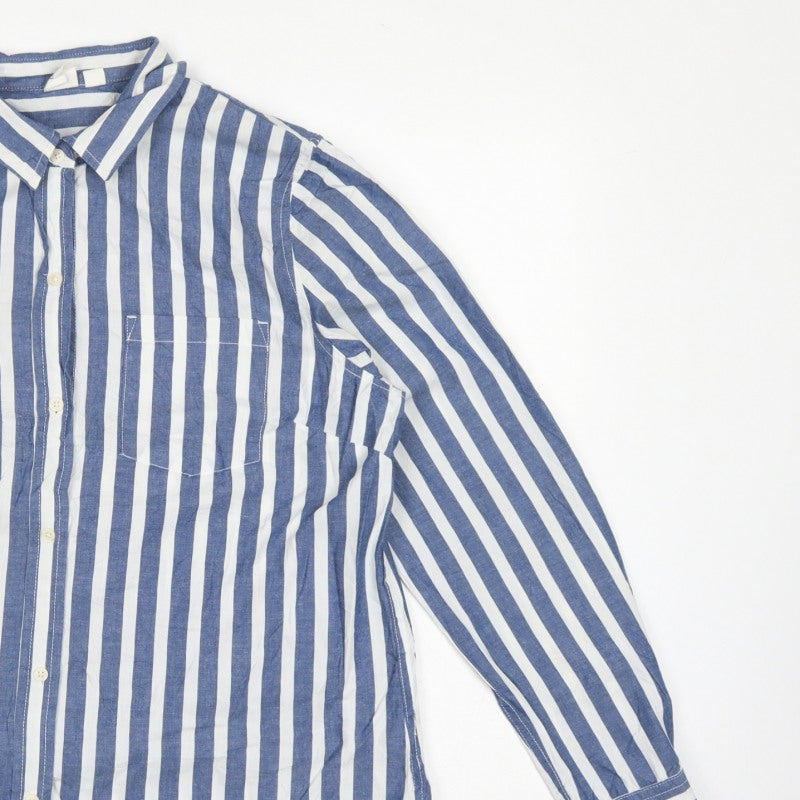 GAP Women Blue White Striped M Classic Cotton Button-Up Shirt