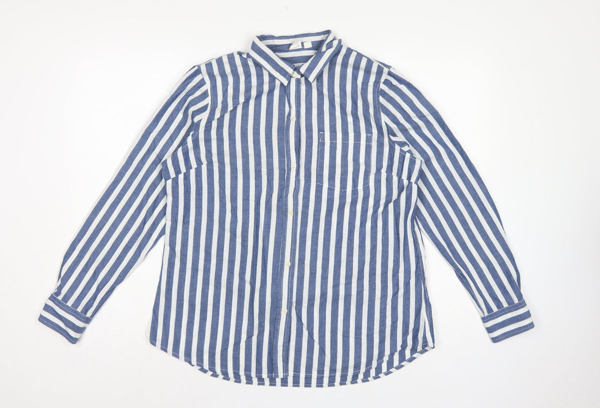 GAP Women Blue White Striped M Classic Cotton Button-Up Shirt