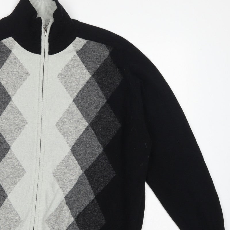 Concrete Men’s Black Grey Argyle Full Zip Wool Jumper XL