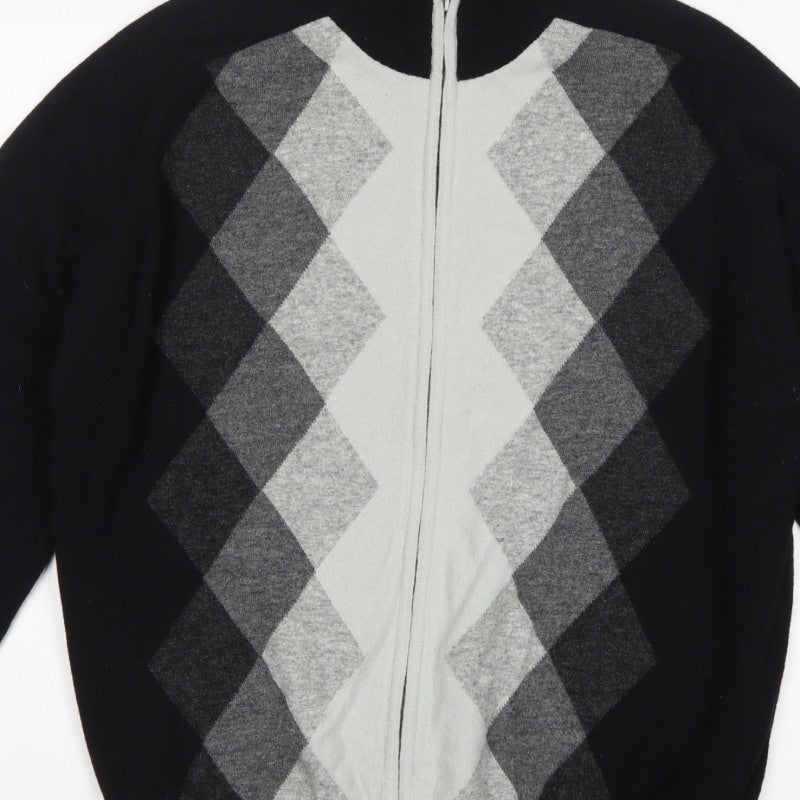 Concrete Men’s Black Grey Argyle Full Zip Wool Jumper XL