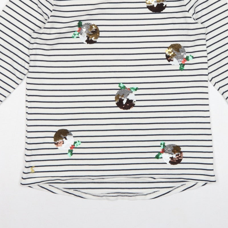 Joules Women White Navy Stripe Sequin Christmas Pudding Jersey Top UK 12