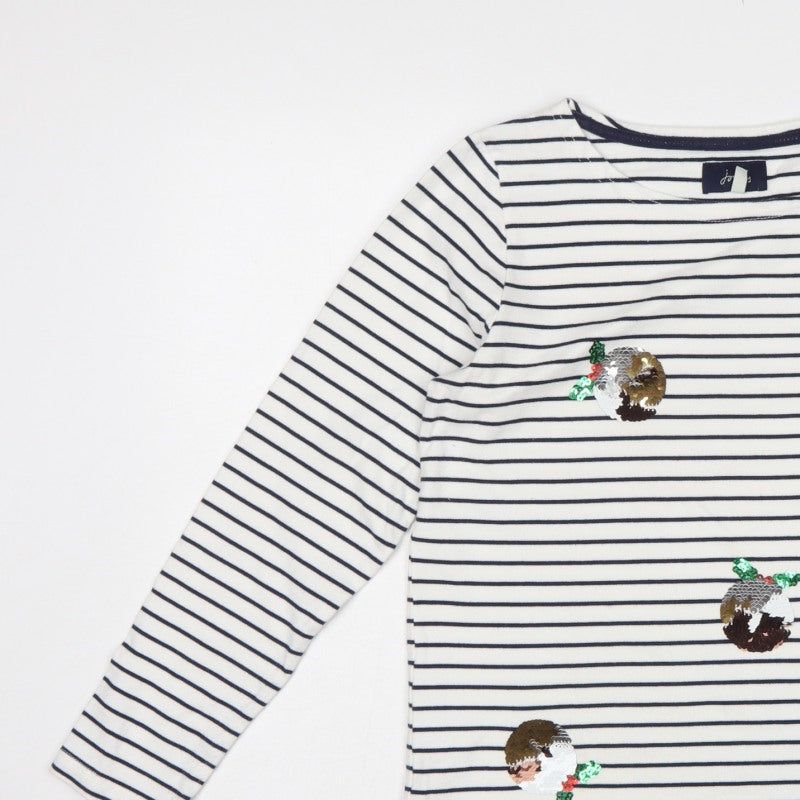 Joules Women White Navy Stripe Sequin Christmas Pudding Jersey Top UK 12