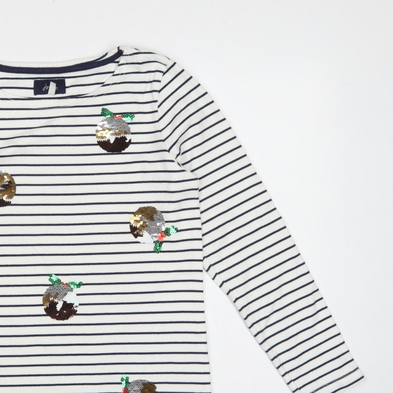 Joules Women White Navy Stripe Sequin Christmas Pudding Jersey Top UK 12