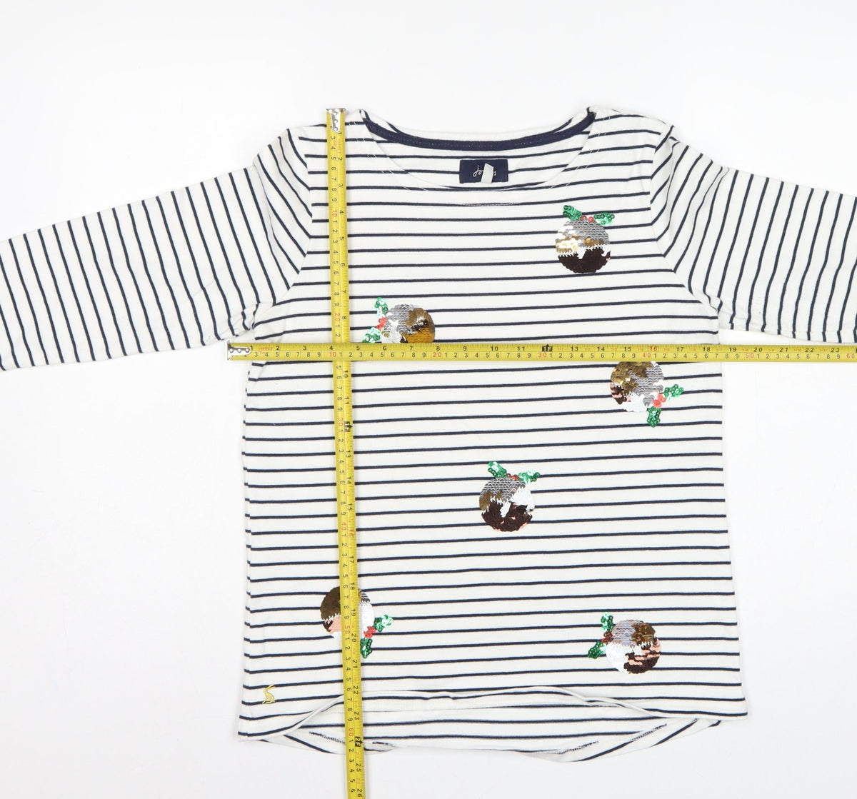 Joules Women White Navy Stripe Sequin Christmas Pudding Jersey Top UK 12