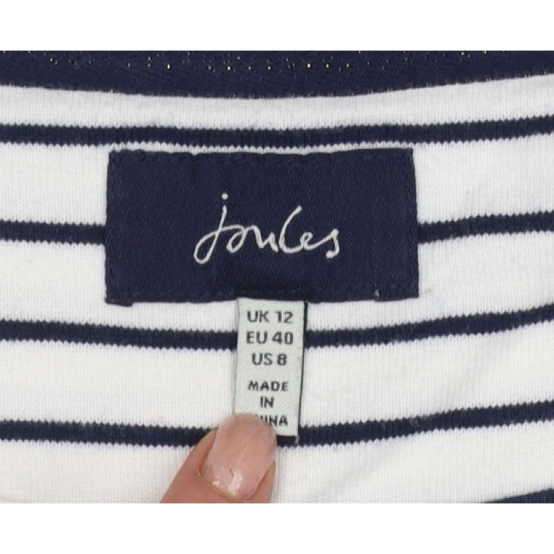 Joules Women White Navy Stripe Sequin Christmas Pudding Jersey Top UK 12