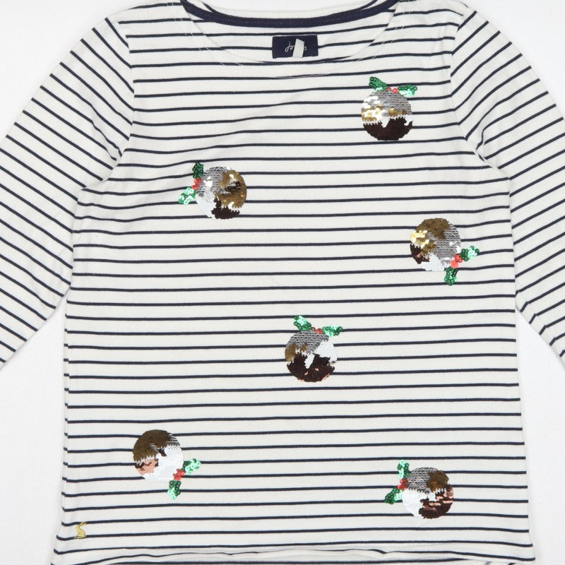 Joules Women White Navy Stripe Sequin Christmas Pudding Jersey Top UK 12