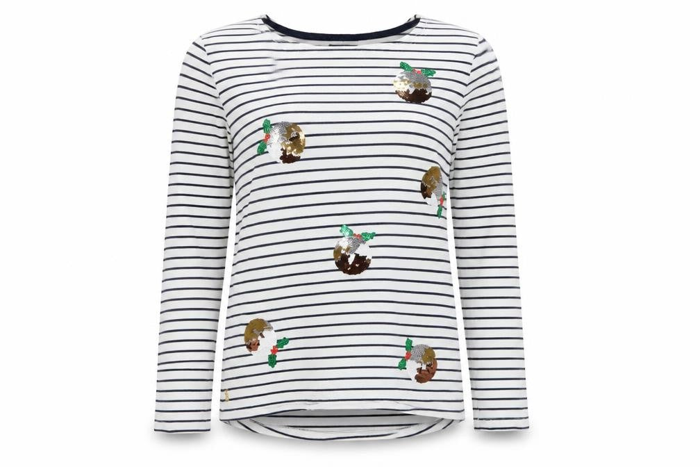 Joules Women White Navy Stripe Sequin Christmas Pudding Jersey Top UK 12