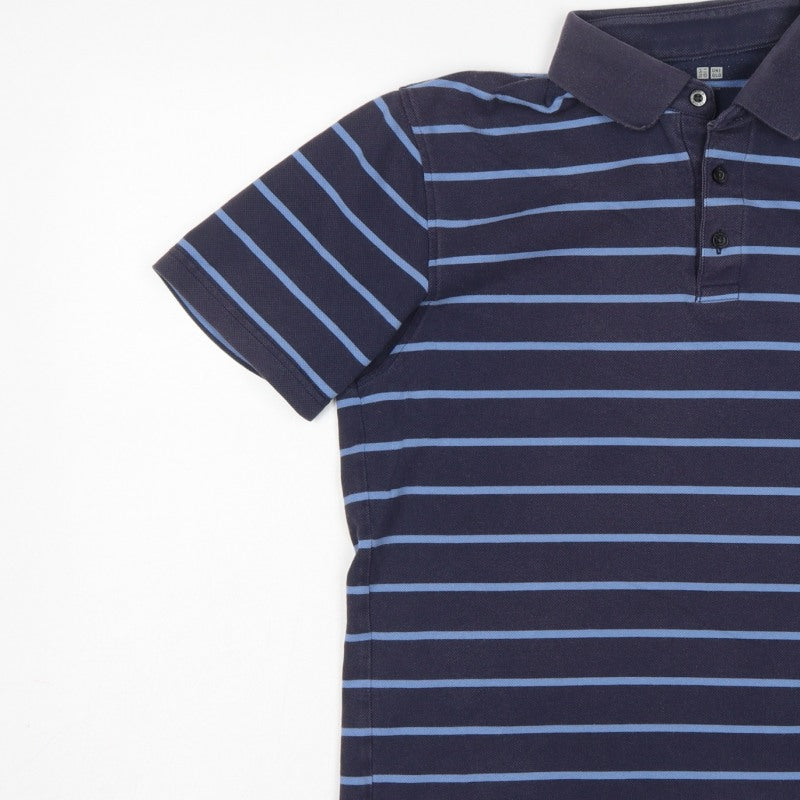Uniqlo Men's Blue Striped L Short Sleeve Cotton Blend Polo Shirt