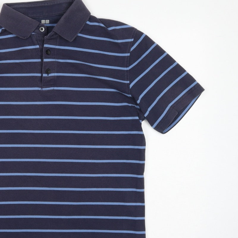 Uniqlo Men's Blue Striped L Short Sleeve Cotton Blend Polo Shirt