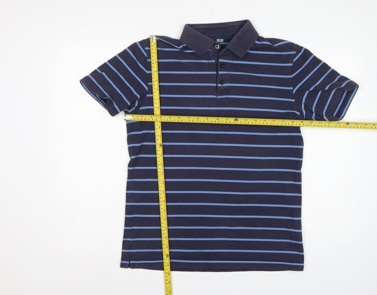 Uniqlo Men's Blue Striped L Short Sleeve Cotton Blend Polo Shirt