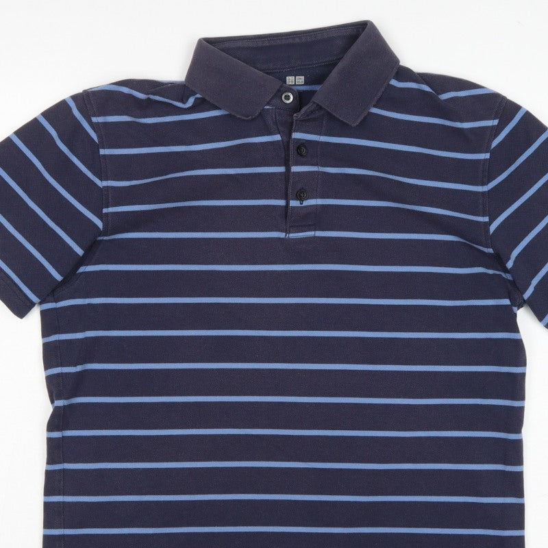 Uniqlo Men's Blue Striped L Short Sleeve Cotton Blend Polo Shirt