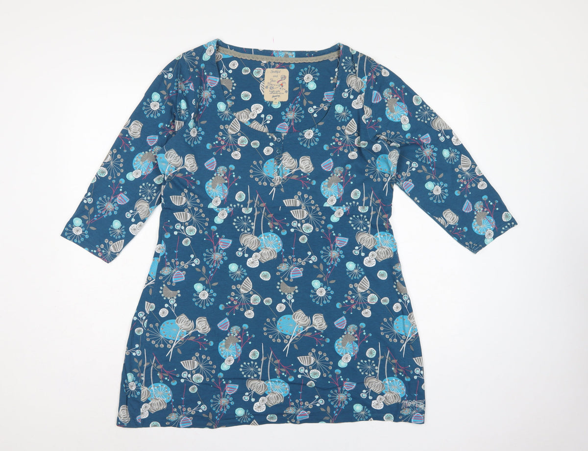 Mantaray Women’s Blue Floral Cotton Jersey Tunic Blouse UK 18 3/4 Sleeve