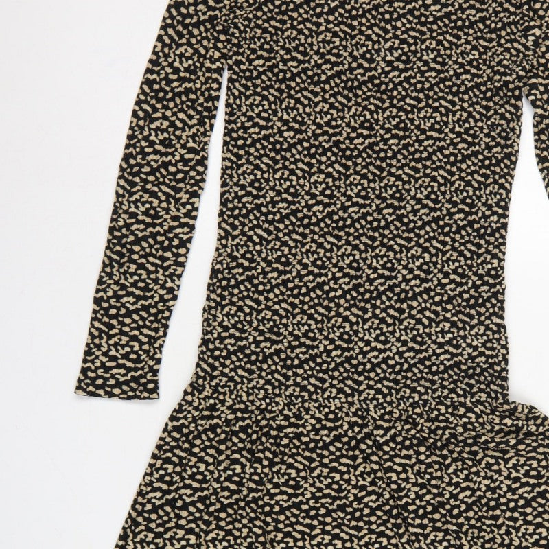 Next Women Black Beige Size 8 Fit & Flare Animal Print Midi Dress