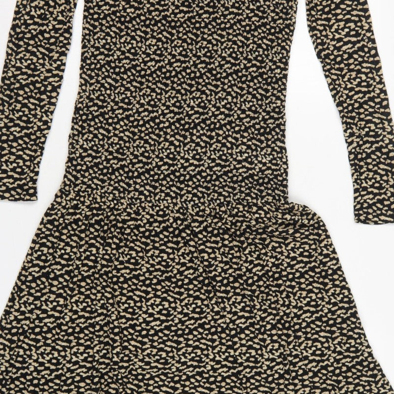 Next Women Black Beige Size 8 Fit & Flare Animal Print Midi Dress