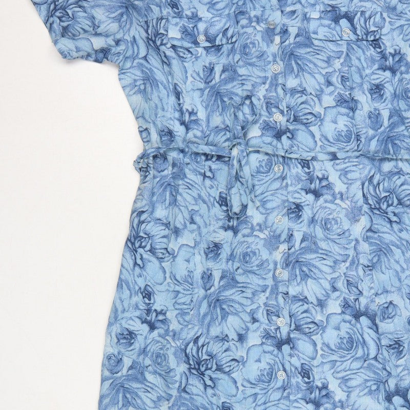 Anew Women Blue Floral Size 16 Long Shirt Dress Belted Collared