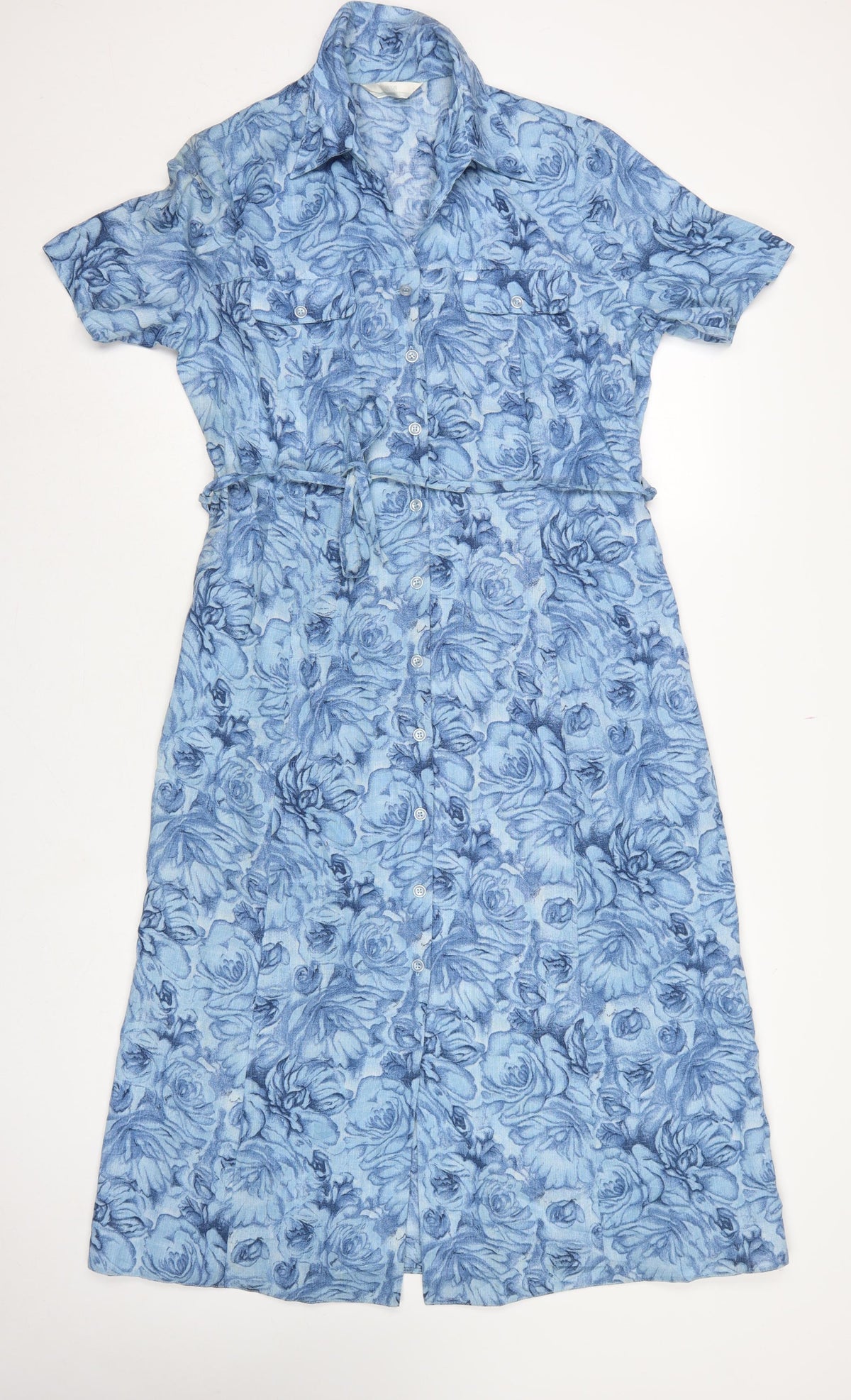 Anew Women Blue Floral Size 16 Long Shirt Dress Belted Collared