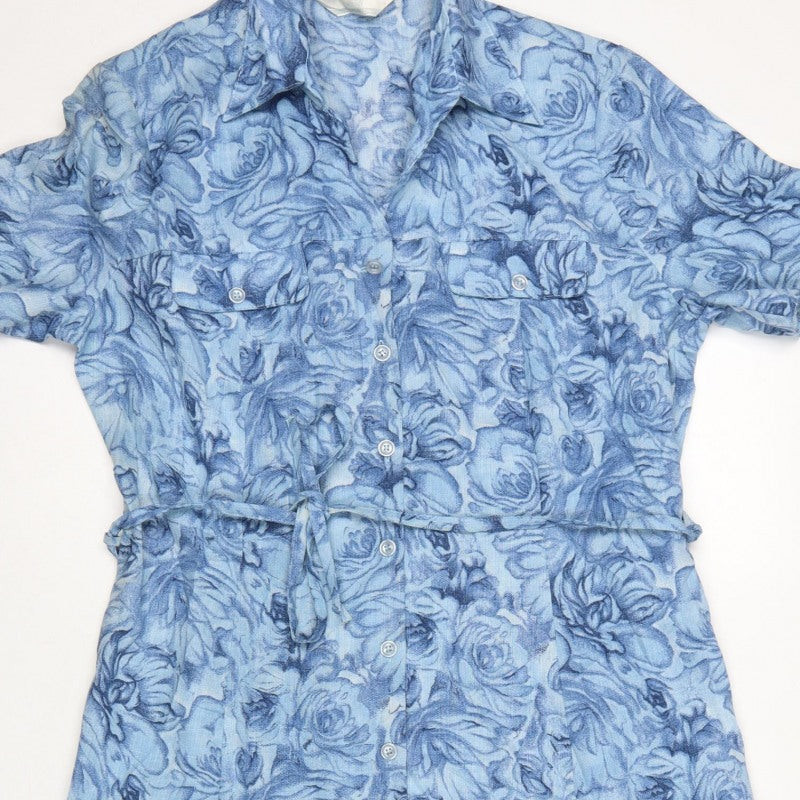 Anew Women Blue Floral Size 16 Long Shirt Dress Belted Collared