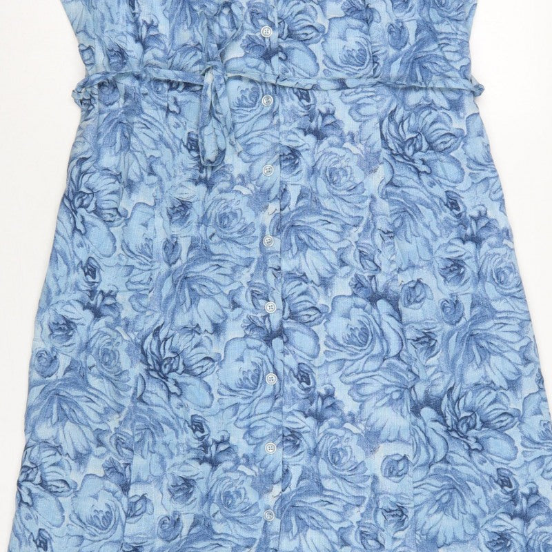 Anew Women Blue Floral Size 16 Long Shirt Dress Belted Collared