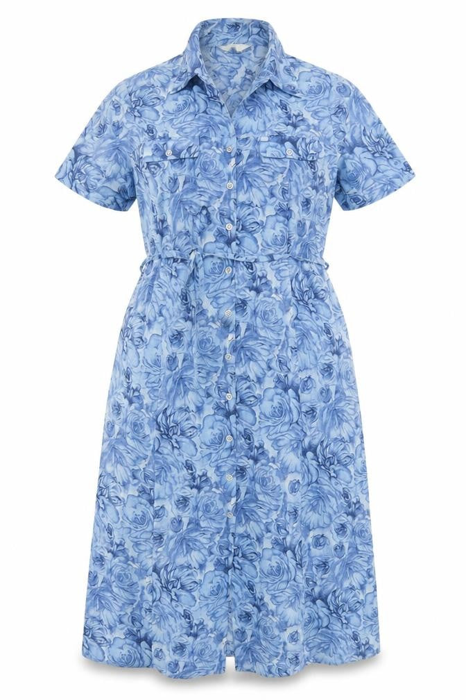 Anew Women Blue Floral Size 16 Long Shirt Dress Belted Collared