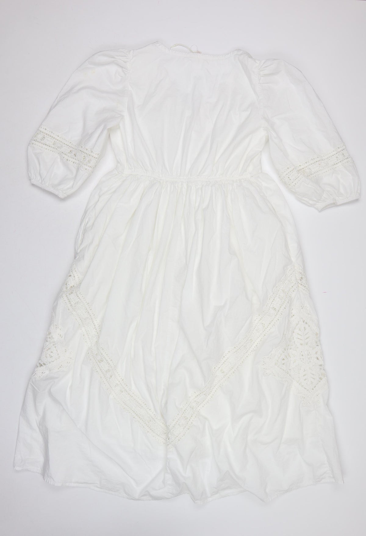 M&S Women White UK 12 Boho Fit & Flare Long Cotton Lace Dress