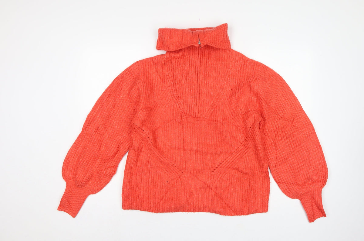 M&S Women Orange M Cable Knit Roll Neck 1/4 Zip Jumper