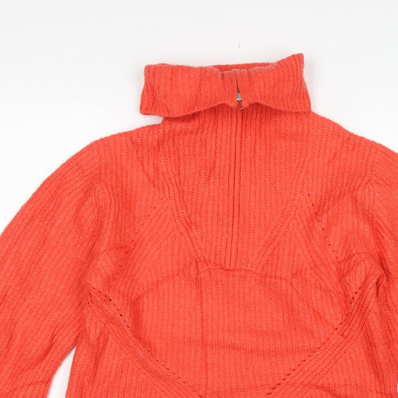 M&S Women Orange M Cable Knit Roll Neck 1/4 Zip Jumper