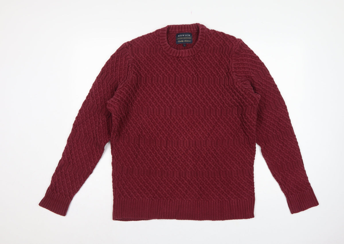 Howick Mens Red L Cable-Knit Crew Neck Cotton Pullover Jumper