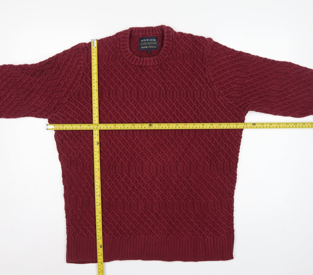 Howick Mens Red L Cable-Knit Crew Neck Cotton Pullover Jumper