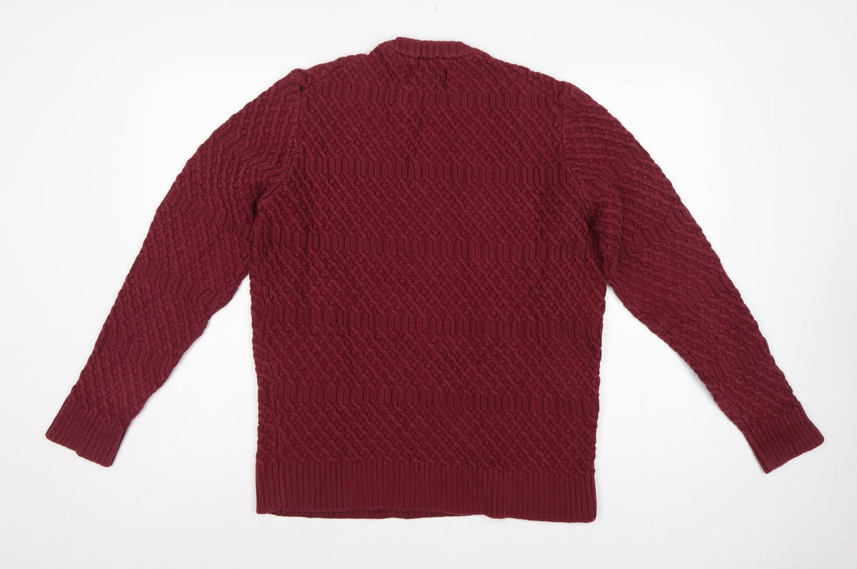 Howick Mens Red L Cable-Knit Crew Neck Cotton Pullover Jumper