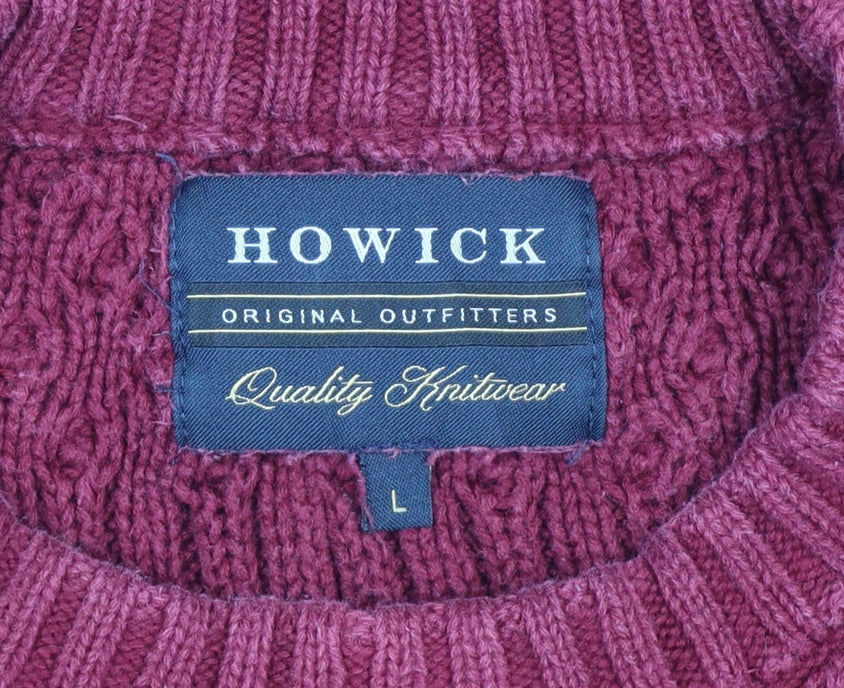 Howick Mens Red L Cable-Knit Crew Neck Cotton Pullover Jumper