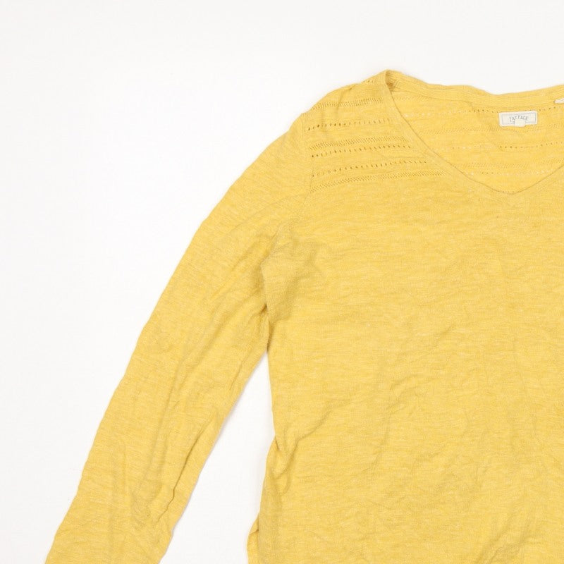 Fat Face Women's Yellow UK 12 V-Neck Open Knit Cotton Jumper