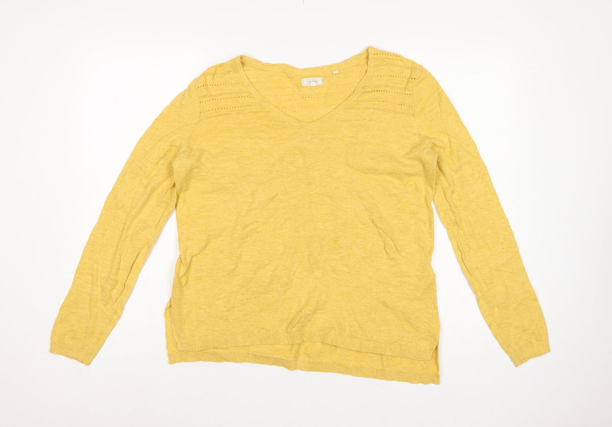 Fat Face Women's Yellow UK 12 V-Neck Open Knit Cotton Jumper