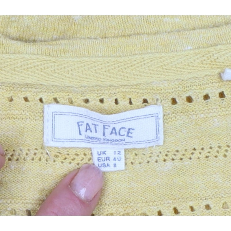 Fat Face Women's Yellow UK 12 V-Neck Open Knit Cotton Jumper