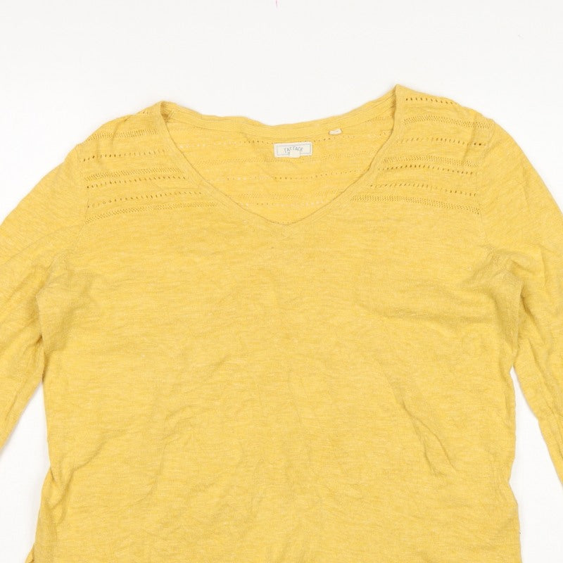 Fat Face Women's Yellow UK 12 V-Neck Open Knit Cotton Jumper