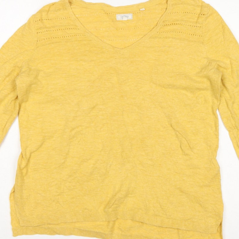Fat Face Women's Yellow UK 12 V-Neck Open Knit Cotton Jumper
